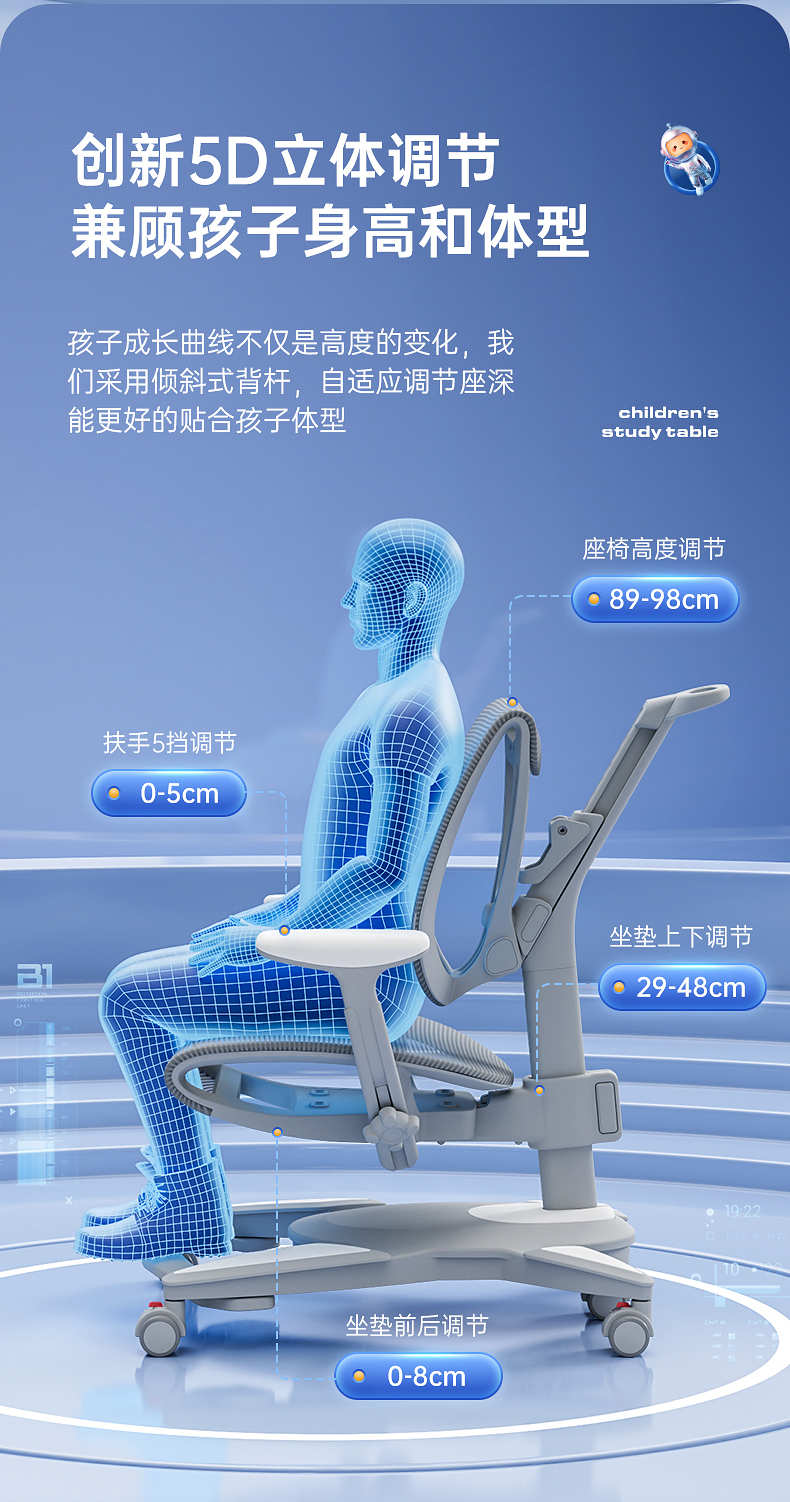 創(chuàng)新5D立體調(diào)節(jié)，兼顧孩子身高和體型