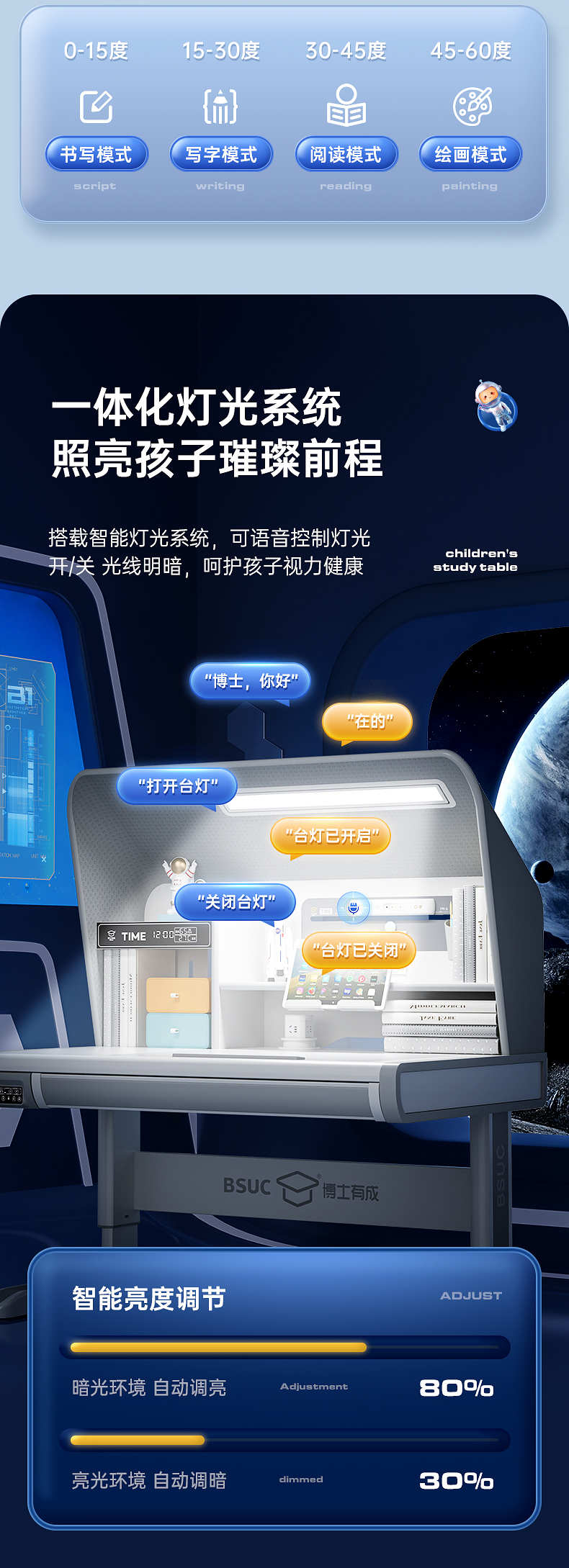 太空一號AI智能學(xué)習(xí)桌采用一體化燈光系統(tǒng)